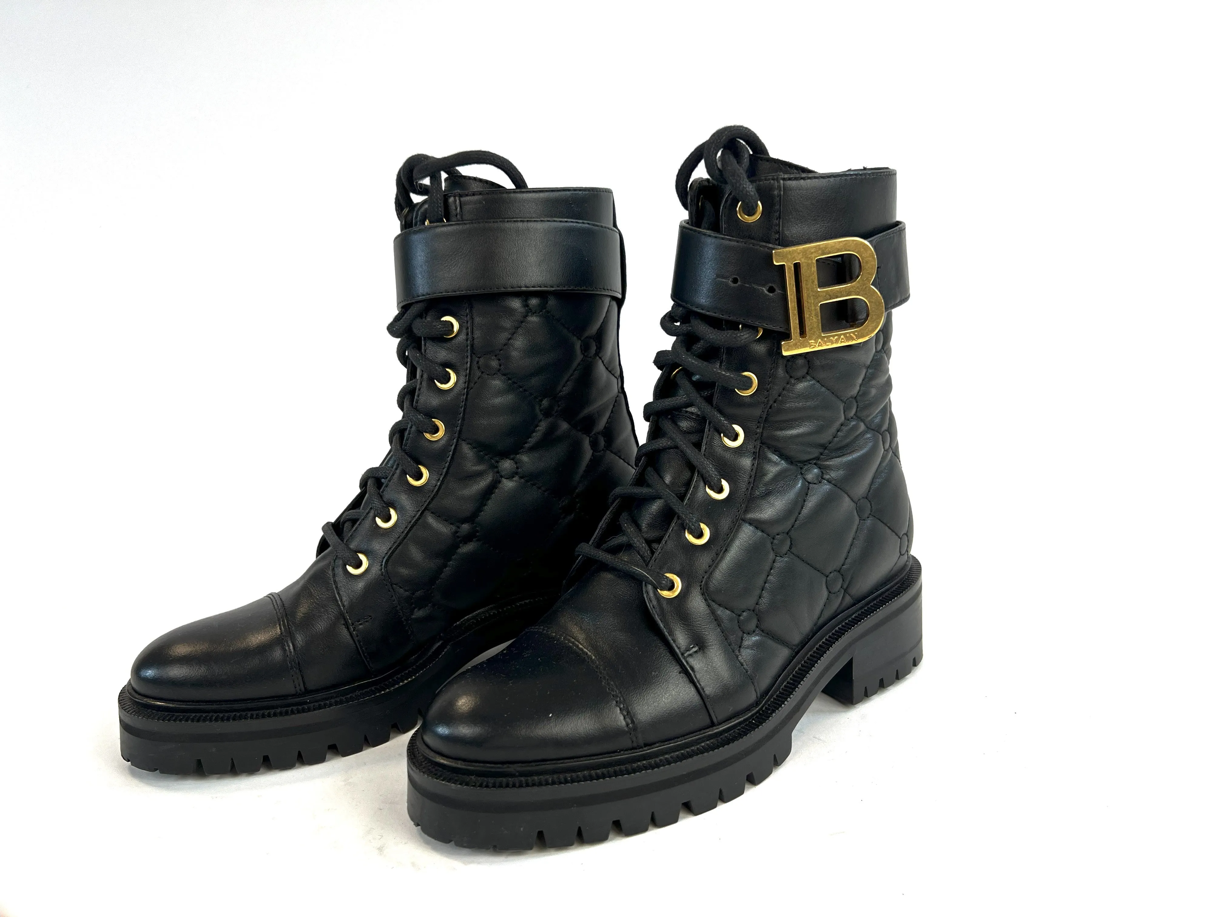 Balmain Black Quilted Leather Lace Up Combat Boots Size 36