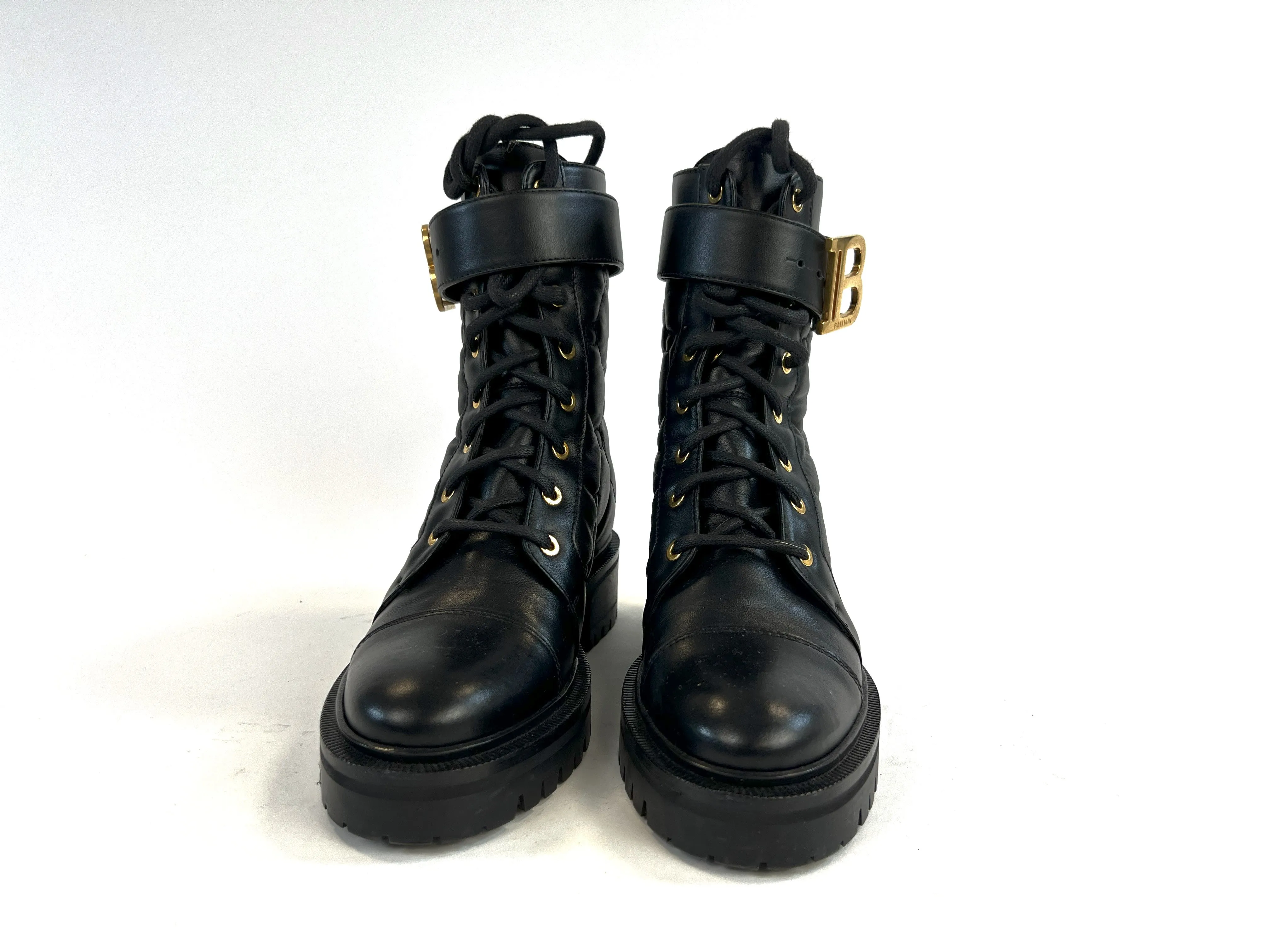 Balmain Black Quilted Leather Lace Up Combat Boots Size 36