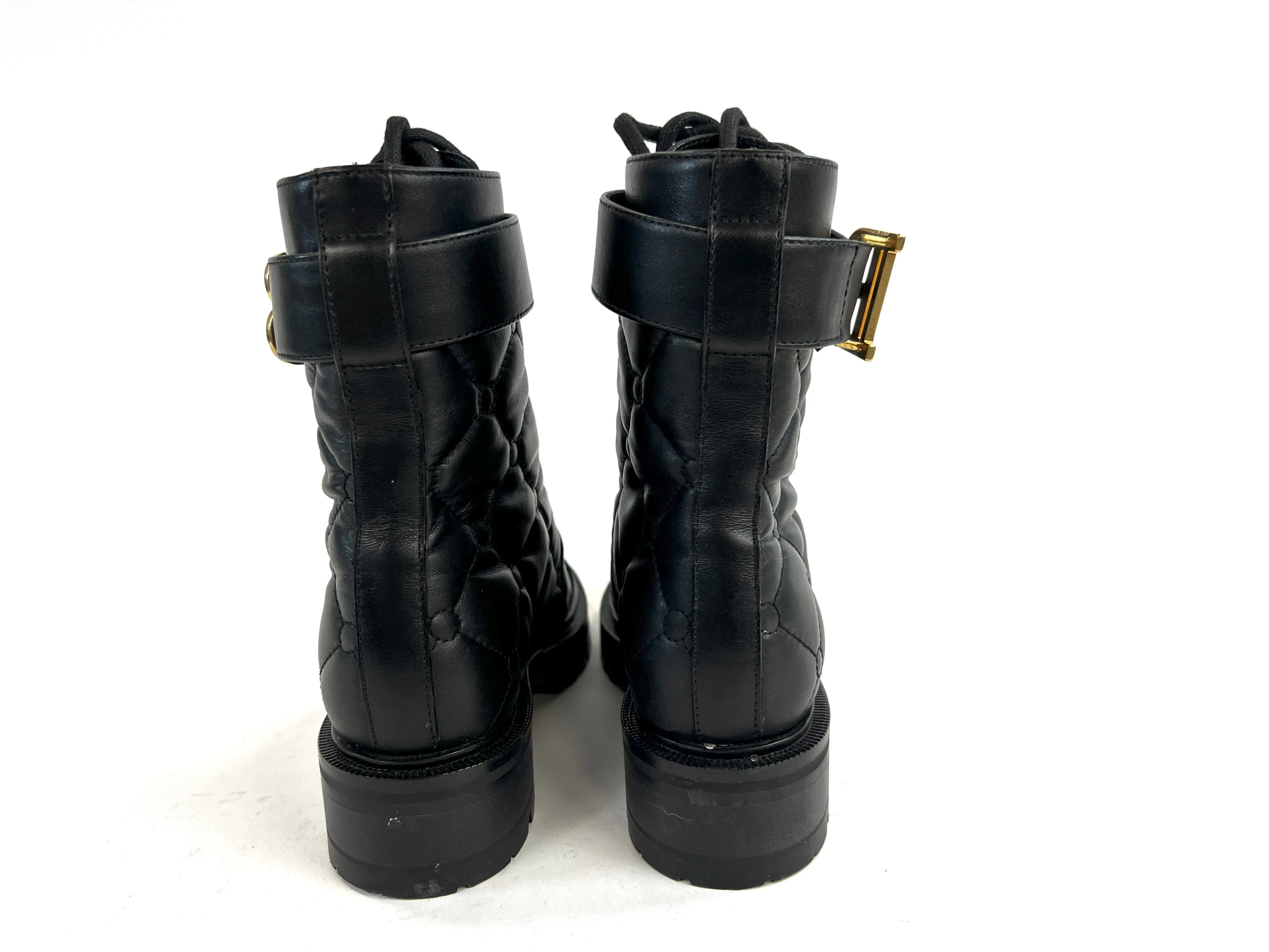 Balmain Black Quilted Leather Lace Up Combat Boots Size 36