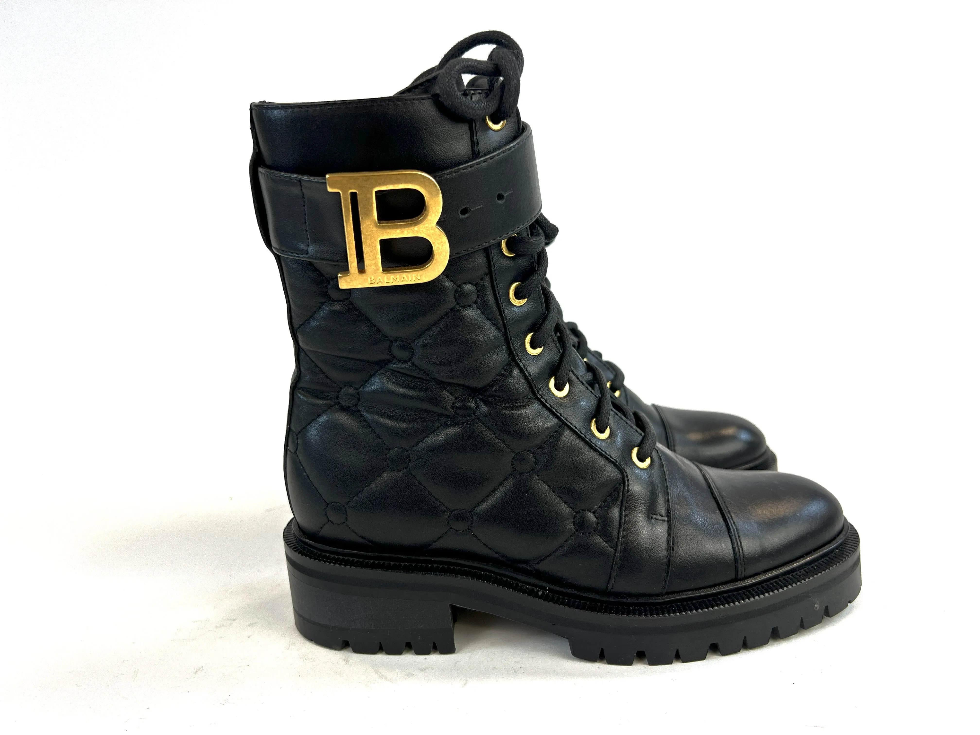 Balmain Black Quilted Leather Lace Up Combat Boots Size 36