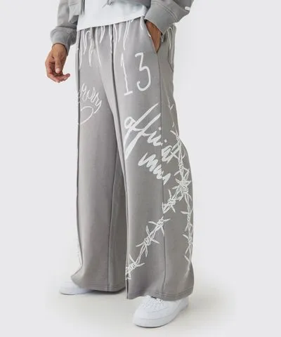 boohooMAN Mens Extreme Wide Leg All Over Print Graffiti Sweatpants