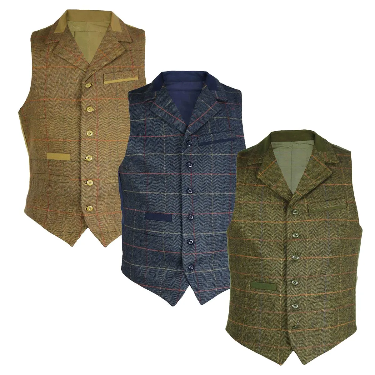 Buy Mens Classic WOOL Blended TWEED Waistcoat with Lapel collar styling Herringbone Check Pattern S-3XL 4 Front Pockets and adju