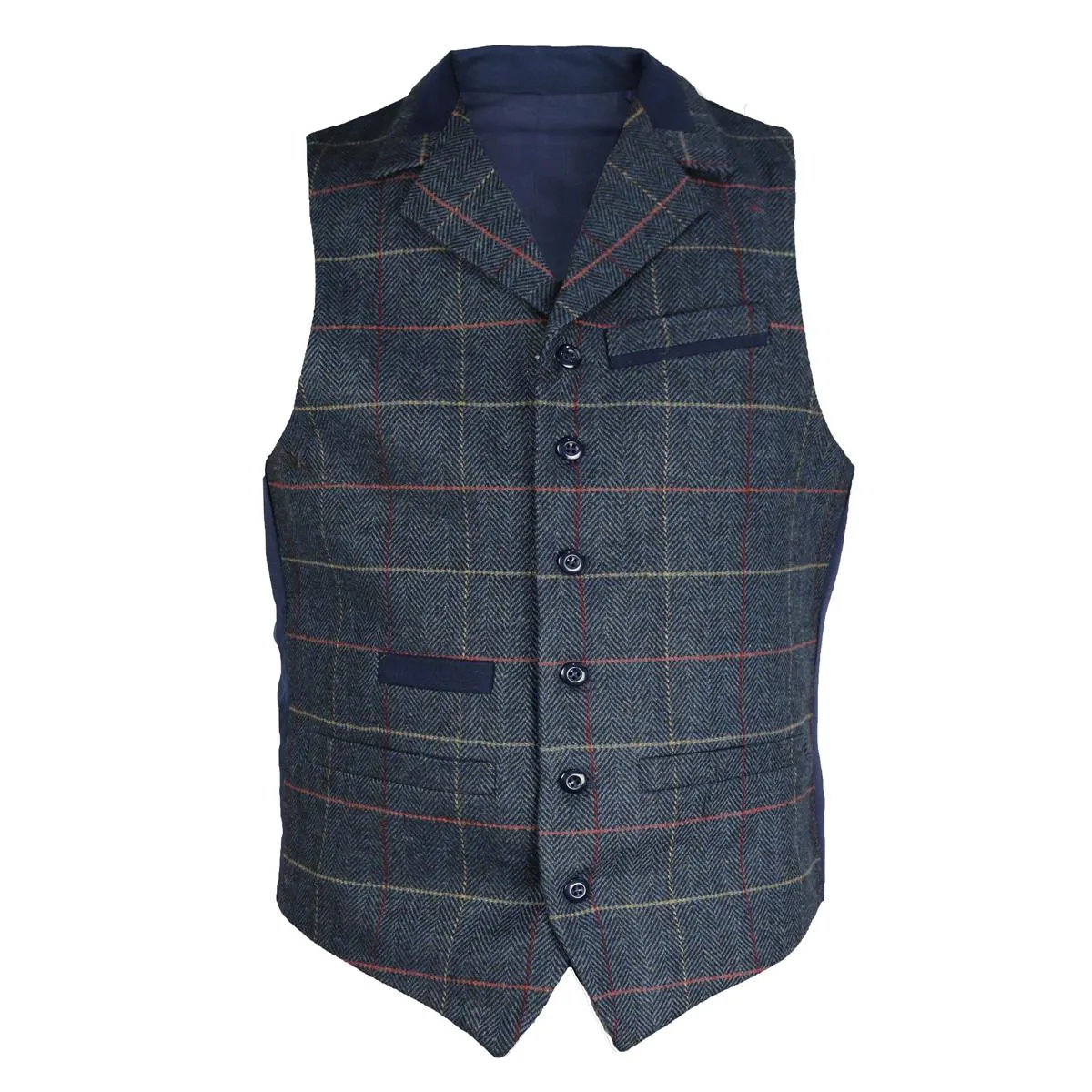 Buy Mens Classic WOOL Blended TWEED Waistcoat with Lapel collar styling Herringbone Check Pattern S-3XL 4 Front Pockets and adju