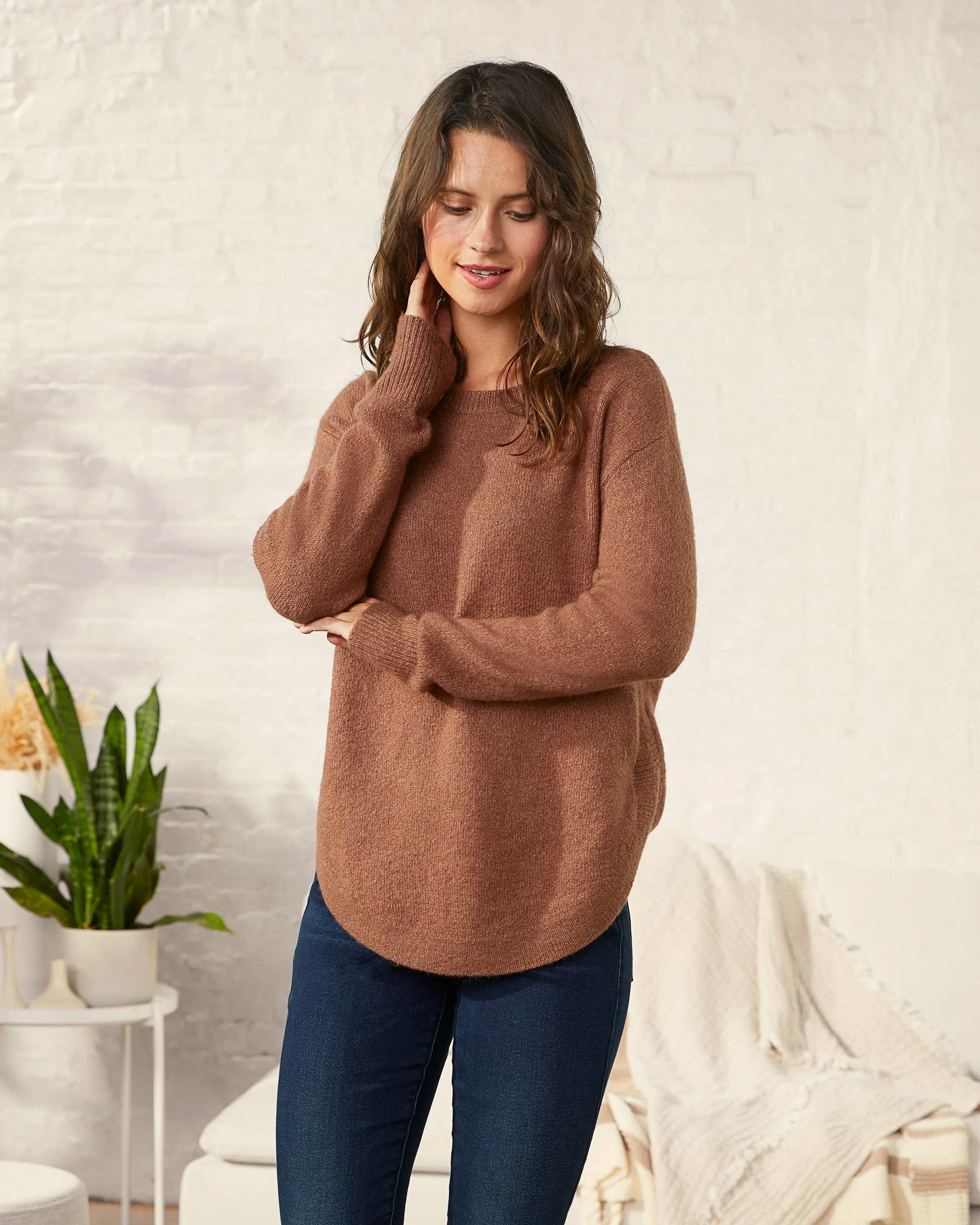 Comfy Curved Hem Crewneck Sweater