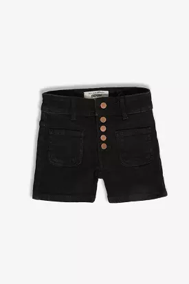 Copper Buttons Front Black Denim Shorts