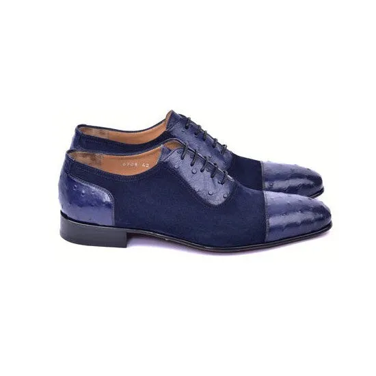 Corrente C00015-6708 Men's Shoes Navy Ostrich / Suede Leather Oxfords (CRT1487)