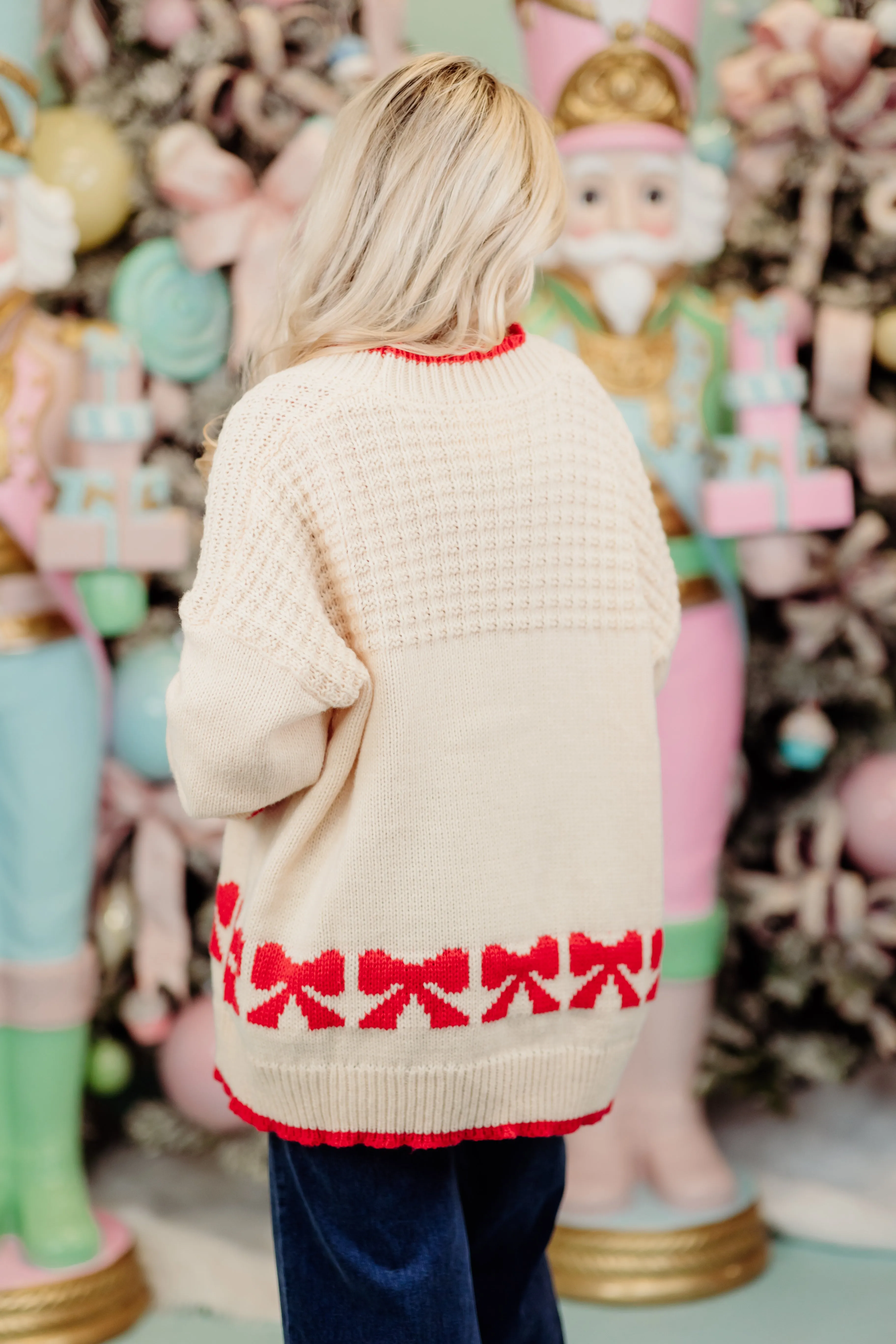 Cream and Red Bow Detail Cardigan