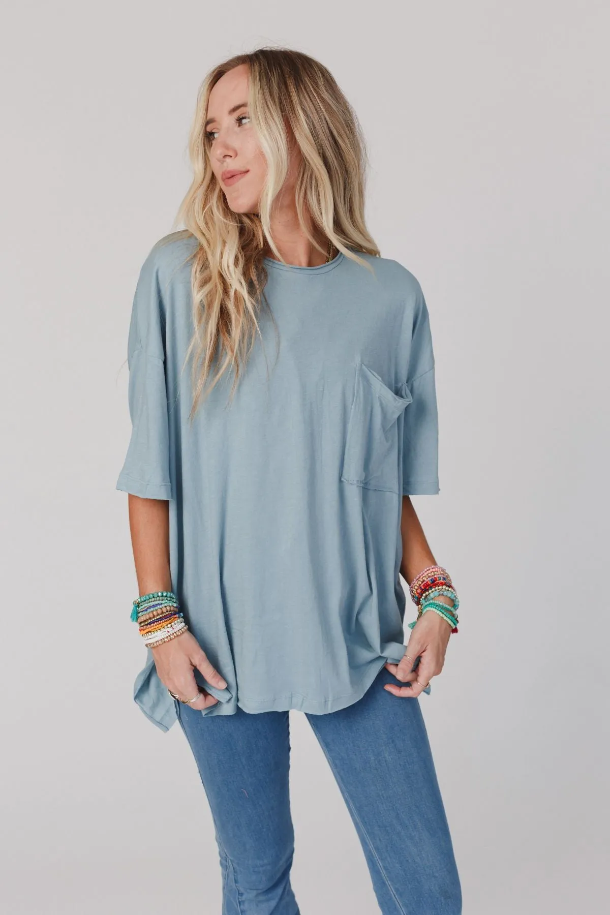 Delaney Oversized Raw Edge Tee - Blue Gray