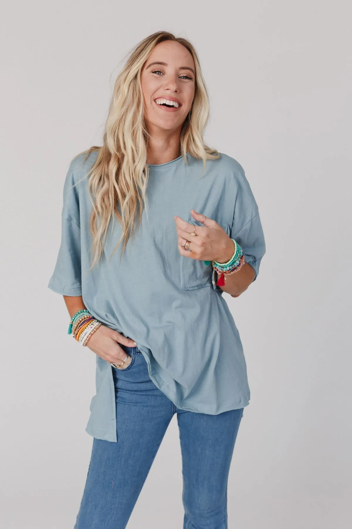 Delaney Oversized Raw Edge Tee - Blue Gray