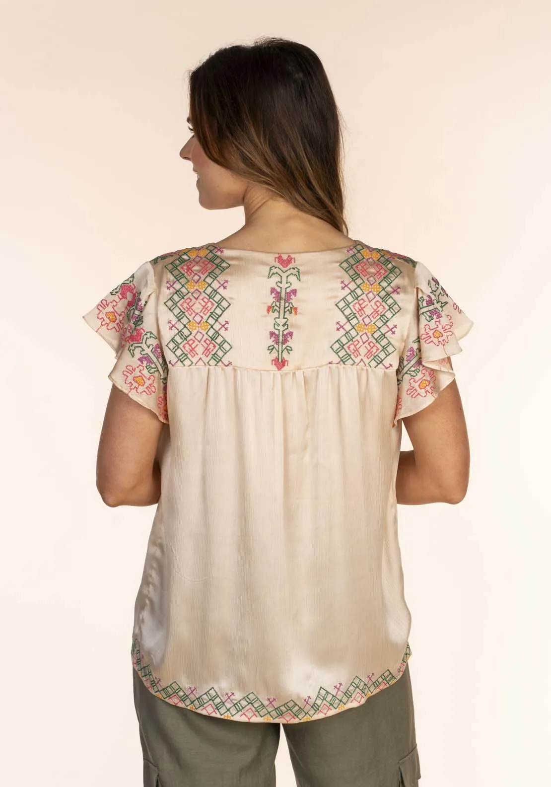 Embroidered Frill Sleeve Top - Ivory