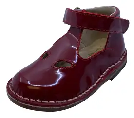 Eureka Girl's Handcrafted Due Occhi Leather T-Strap Shoes, Deep Red Patent