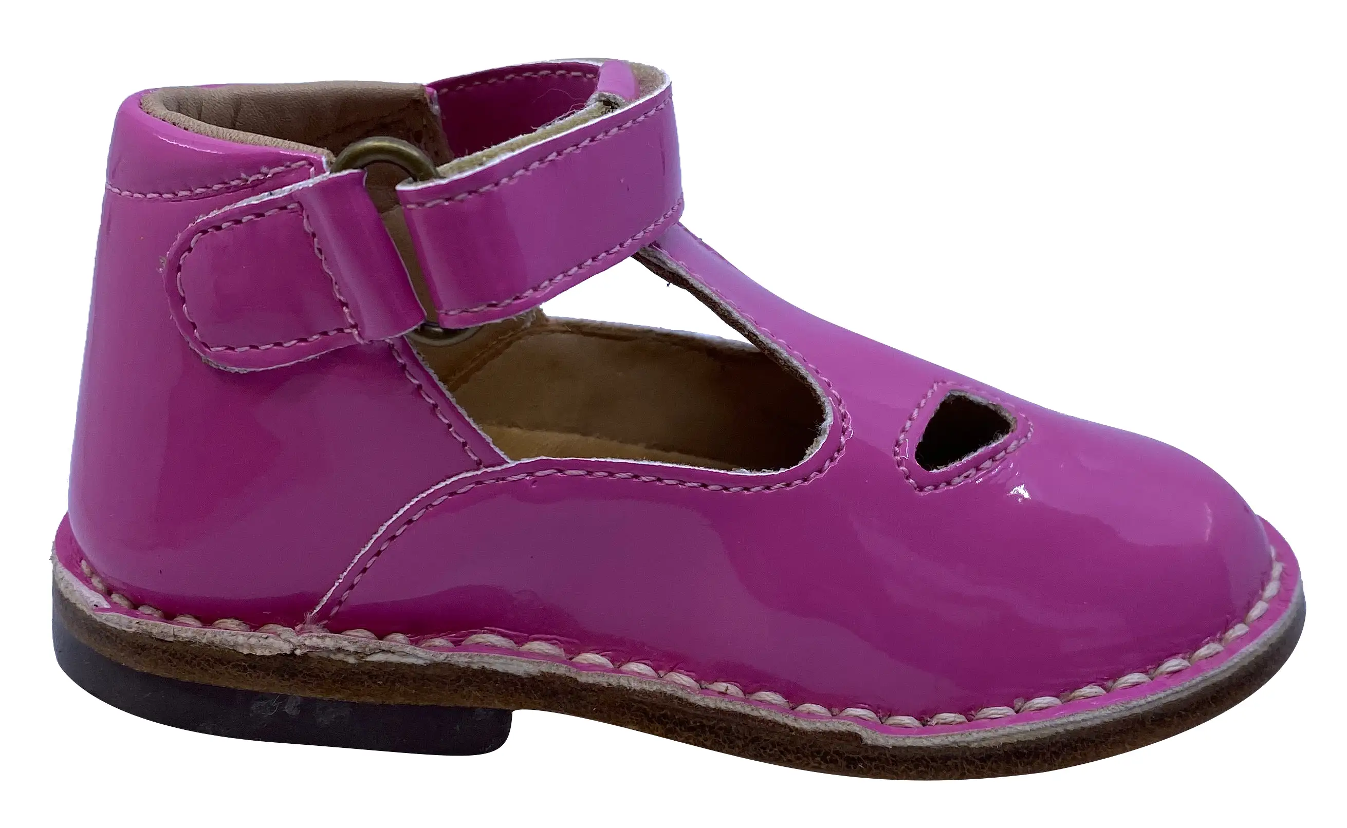 Eureka Girl's Handcrafted Due Occhi Leather T-Strap Shoes, Fuchsia Patent