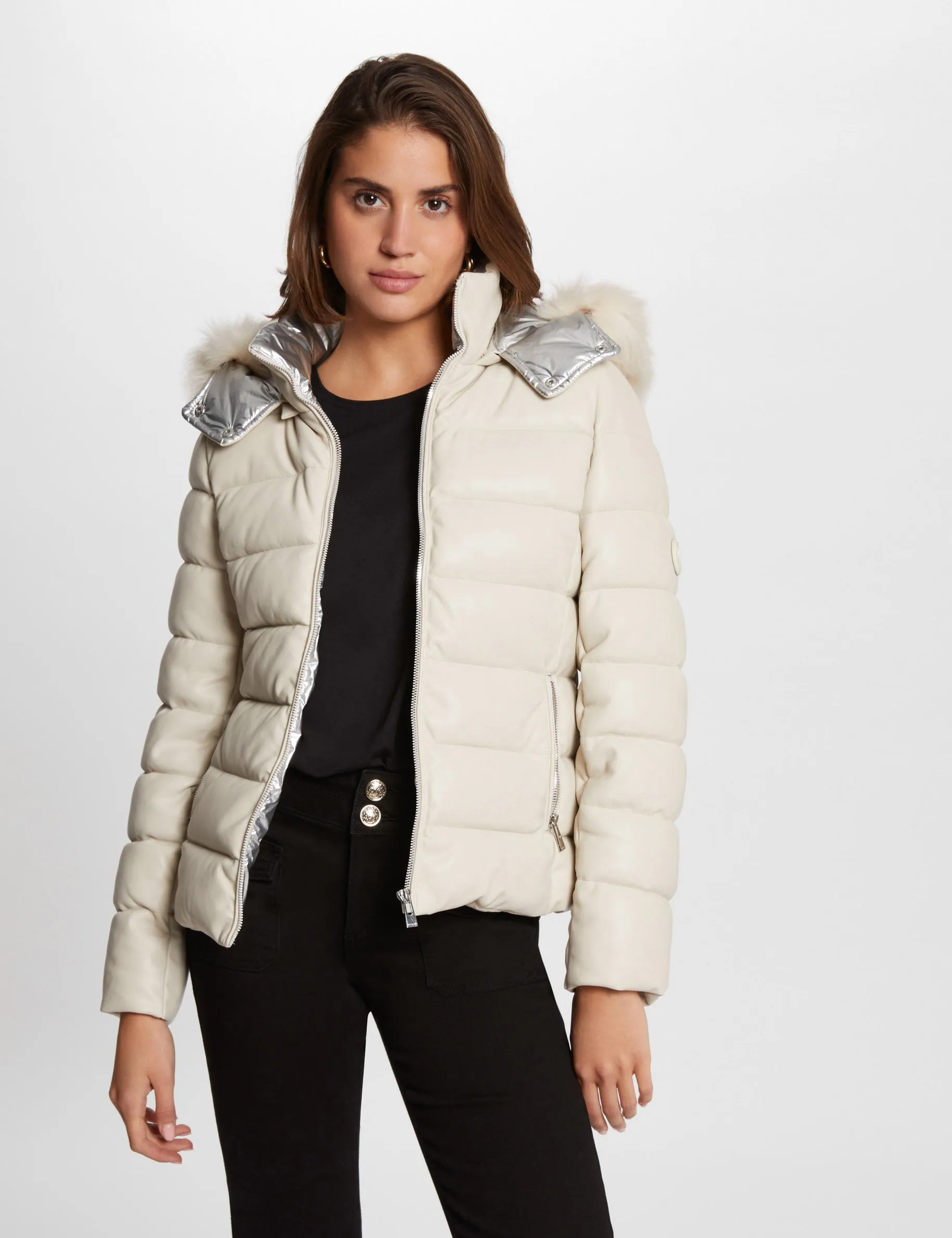 Faux leather padded jacket ivory women