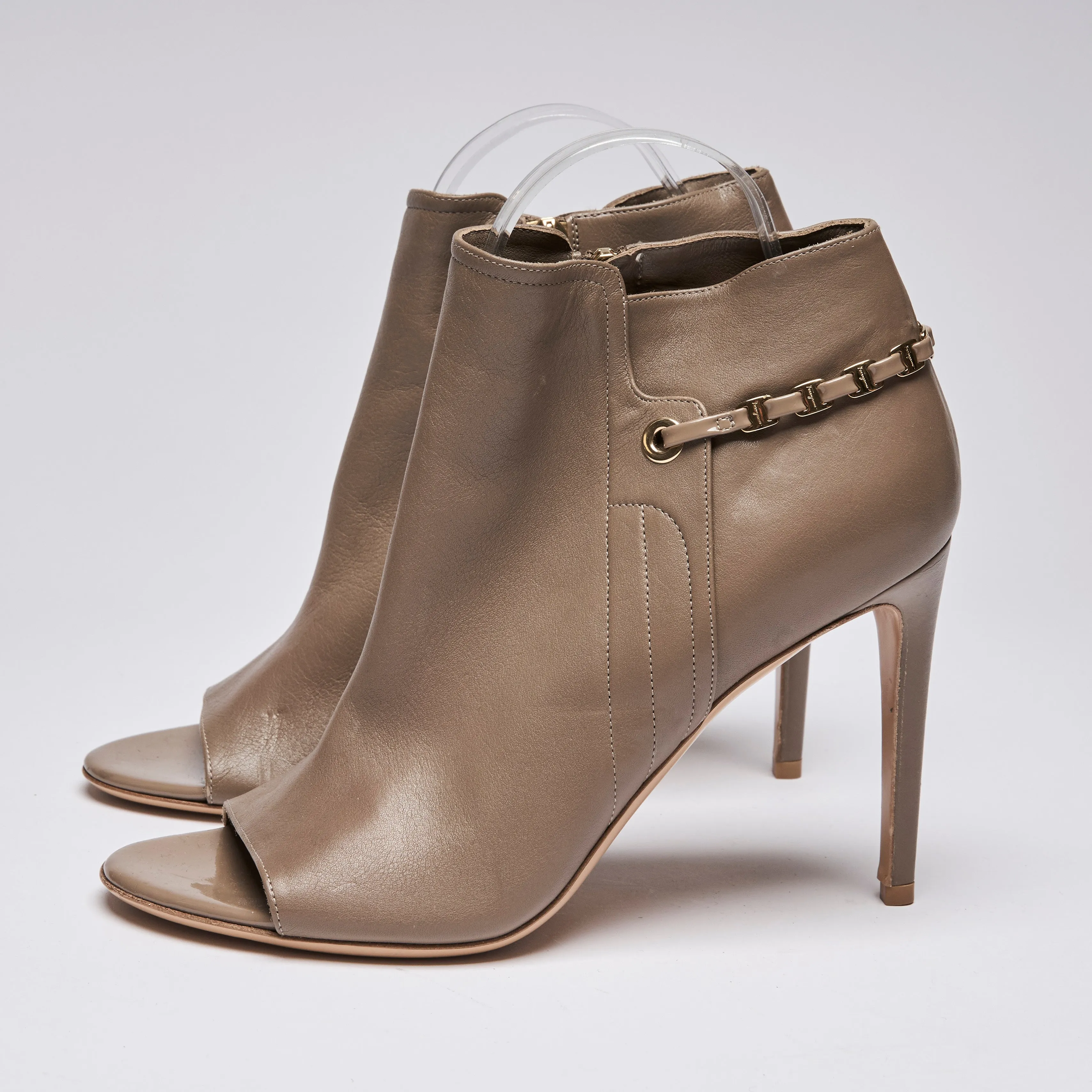 Ferragamo Taupe Leather Peep Toe Ankle Boots Size 8.5B