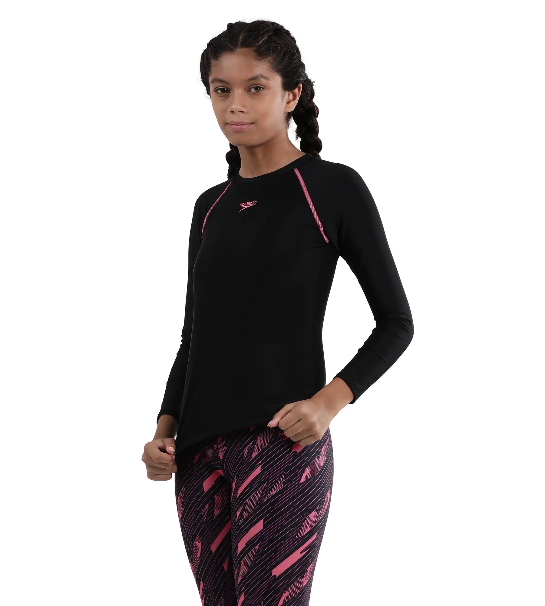 Girl's Endurance Solid Long Sleeve Suntop - Black  &  Fandango Pink