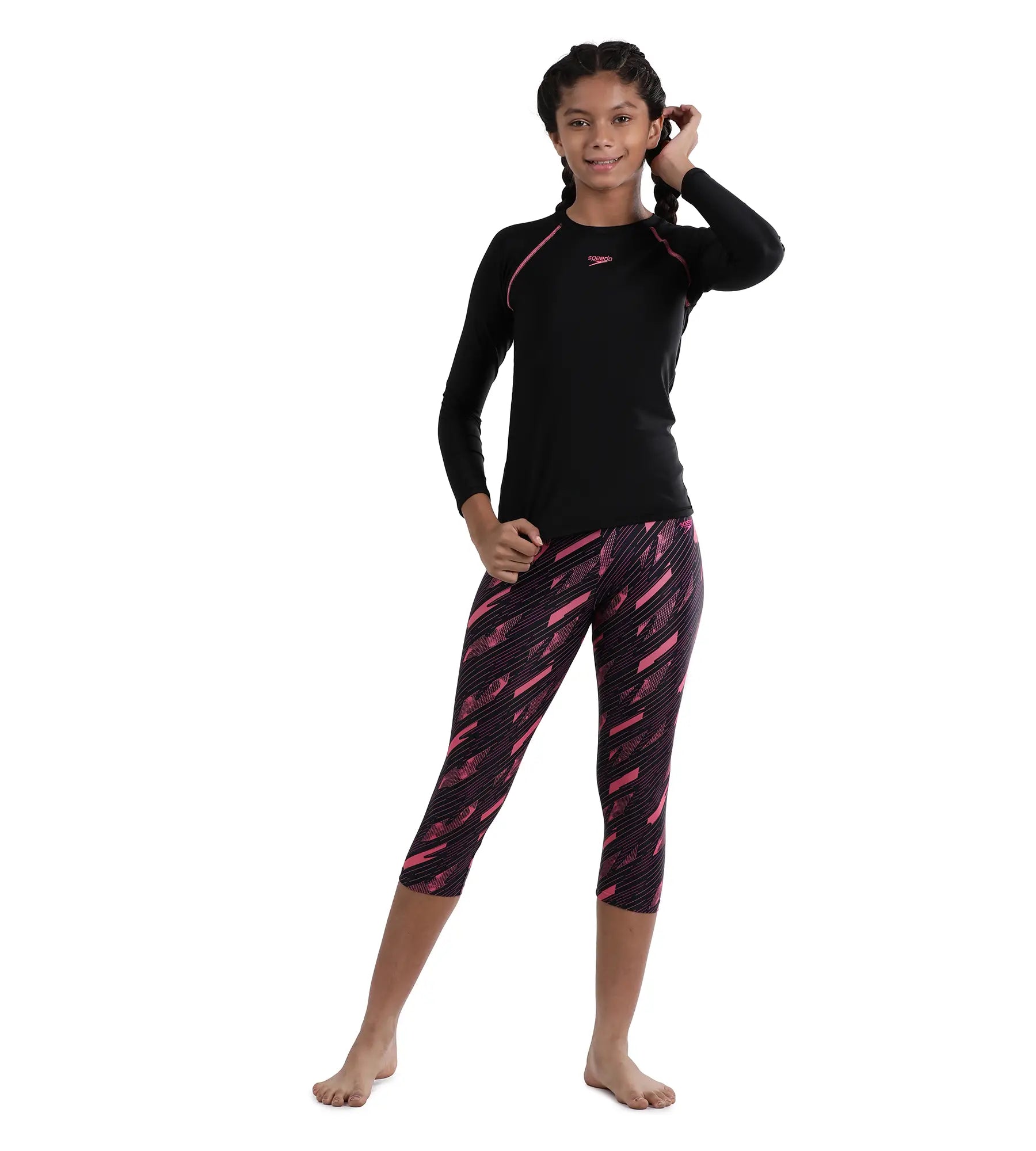 Girl's Endurance Solid Long Sleeve Suntop - Black  &  Fandango Pink