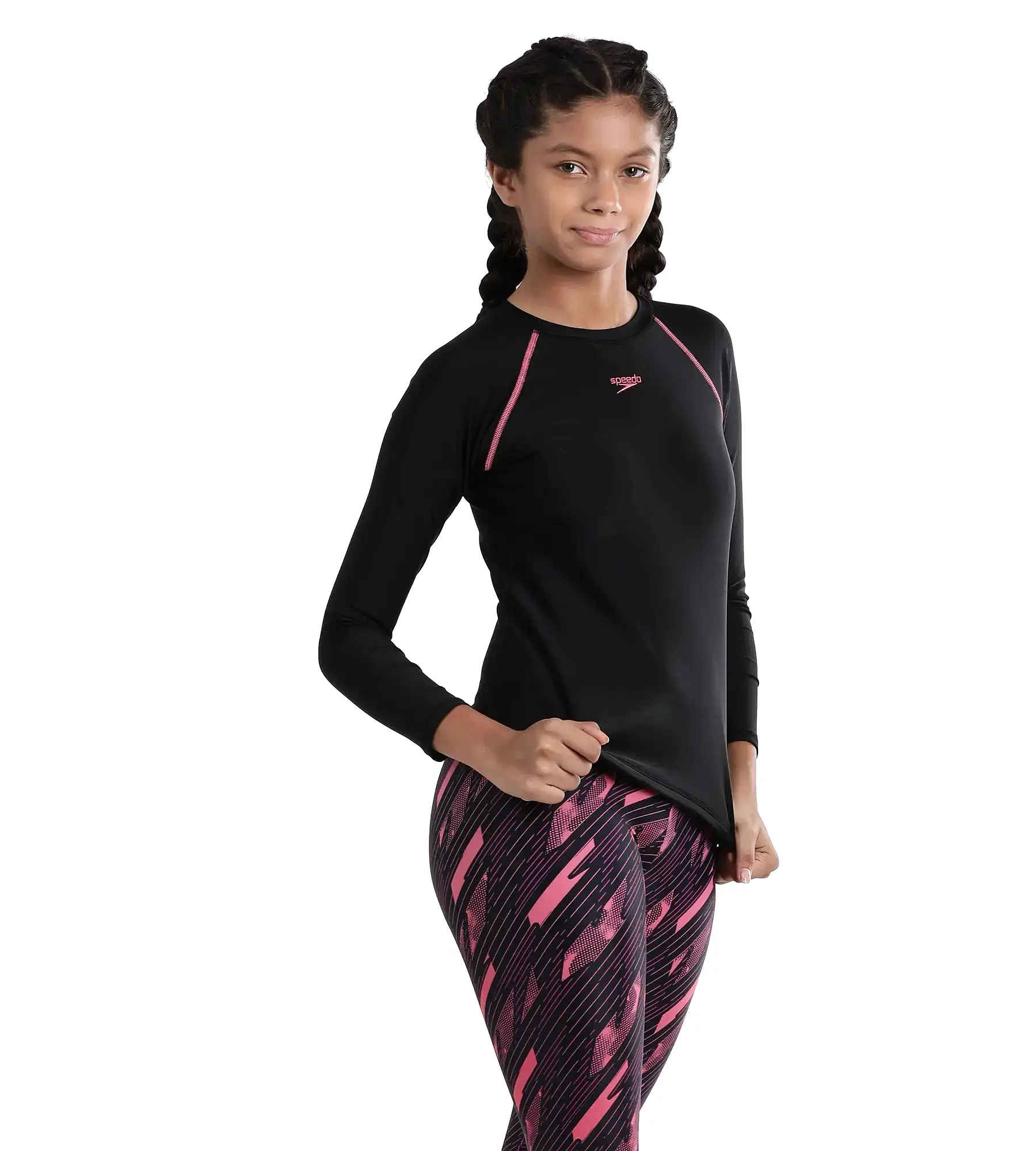 Girl's Endurance Solid Long Sleeve Suntop - Black  &  Fandango Pink