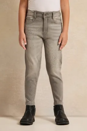 Girls Grey Embellished Denim Jeans