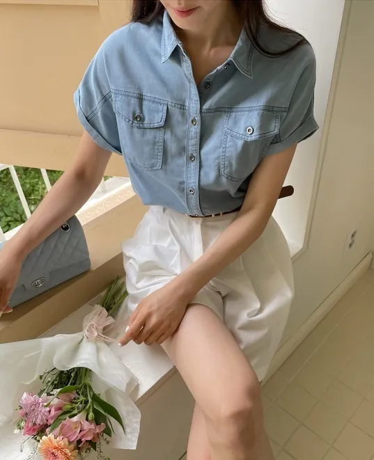 I AM MARI  |Casual Style Denim Short Sleeves Shirts & Blouses