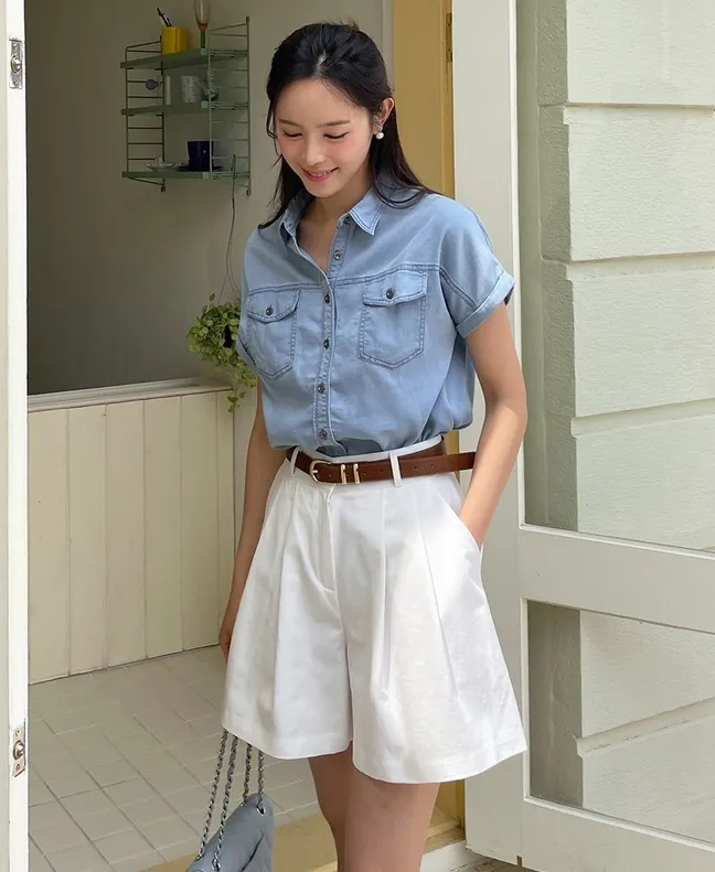 I AM MARI  |Casual Style Denim Short Sleeves Shirts & Blouses