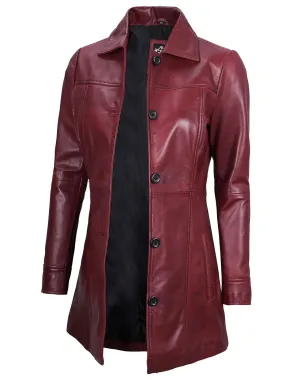 Kandis Women's Leather Maroon 3/4 Length Car Coat