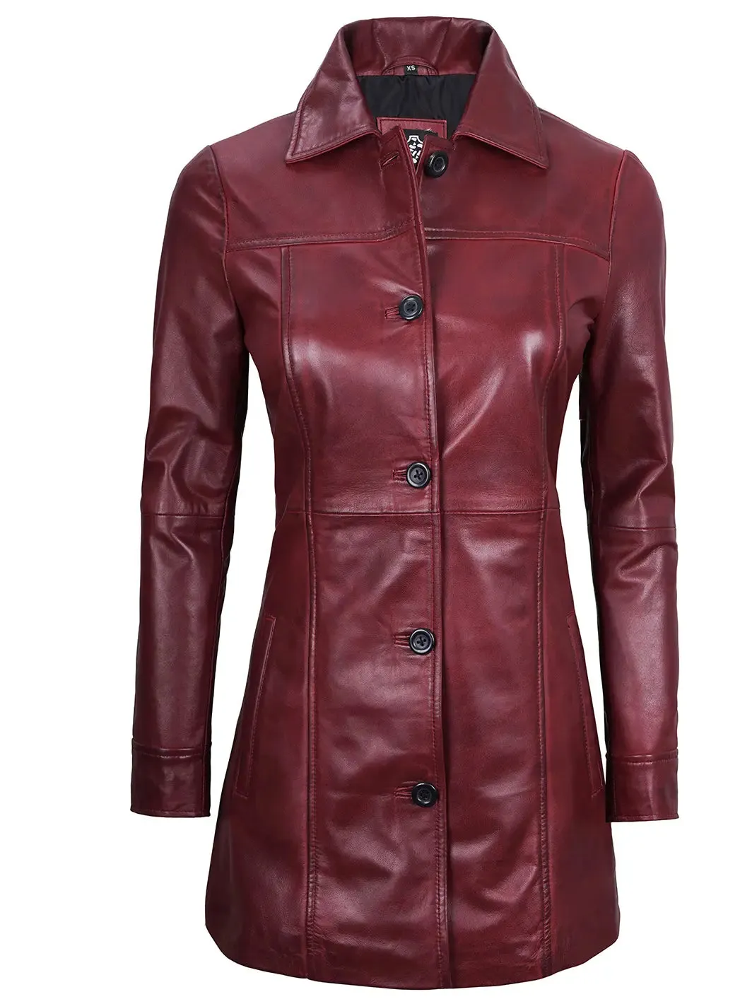 Kandis Women's Leather Maroon 3/4 Length Car Coat