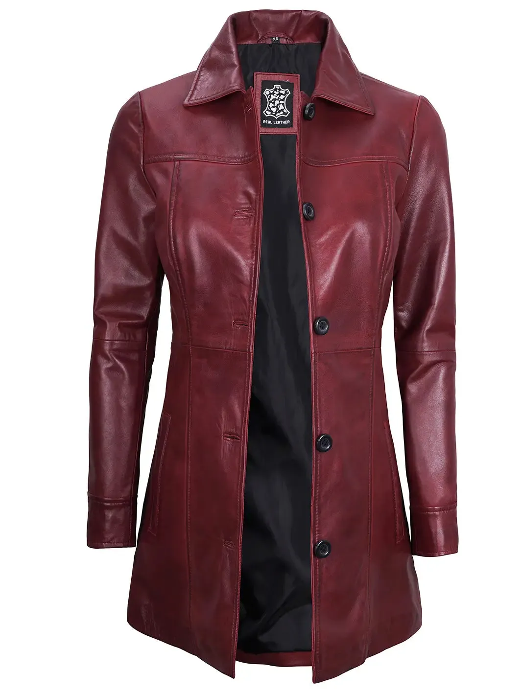 Kandis Women's Leather Maroon 3/4 Length Car Coat