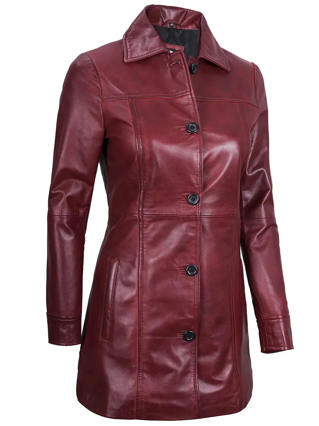 Kandis Women's Leather Maroon 3/4 Length Car Coat