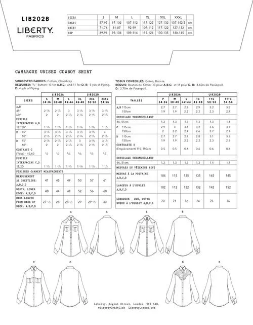 LIBERTY  Camargue Cowboy Shirt Sewing Pattern (XL - XXXL)