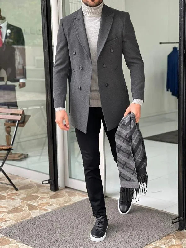 Mantonis Dark Gray Slim Fit Double Breasted Wool Long Coat