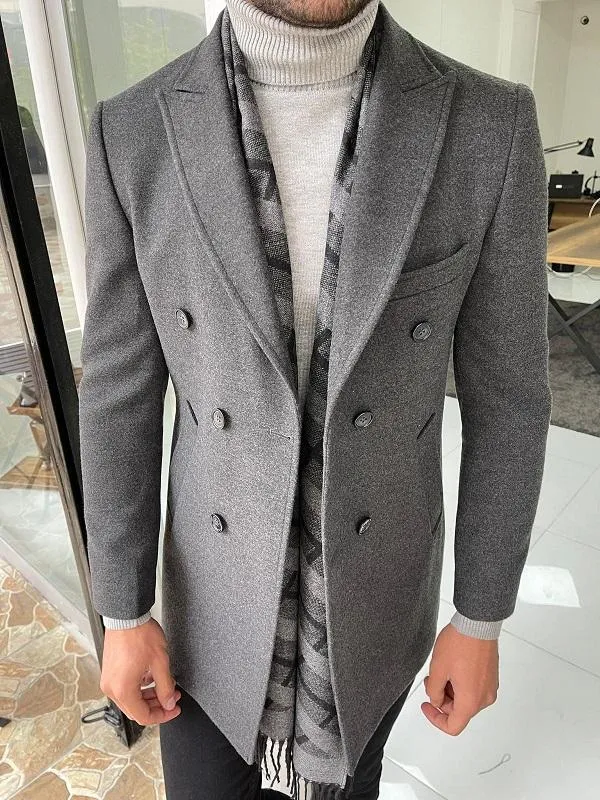 Mantonis Dark Gray Slim Fit Double Breasted Wool Long Coat