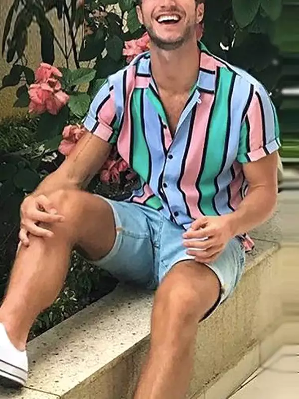 Men Striped Shirt Colorful Lapel Short Sleeve Summer Casual Hawaiian Shirts Beach Streetwear Breathable