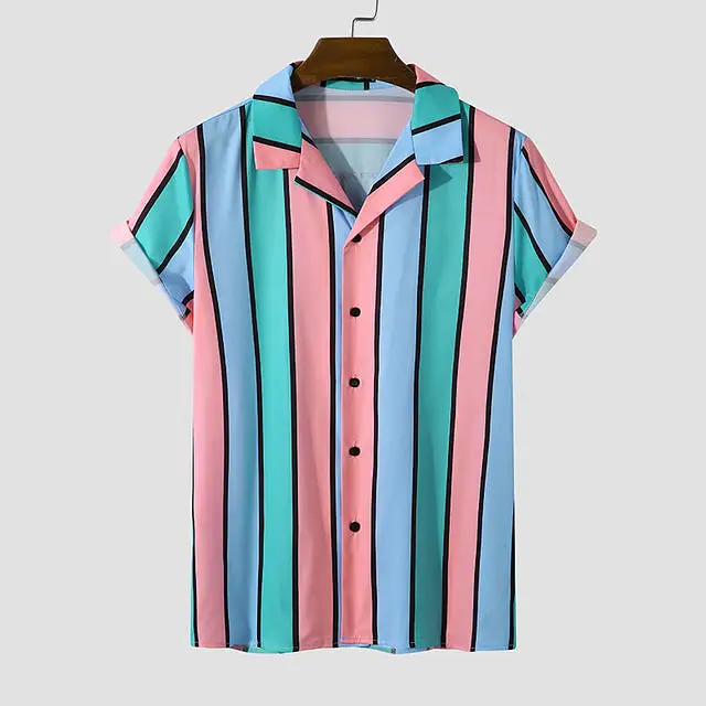 Men Striped Shirt Colorful Lapel Short Sleeve Summer Casual Hawaiian Shirts Beach Streetwear Breathable