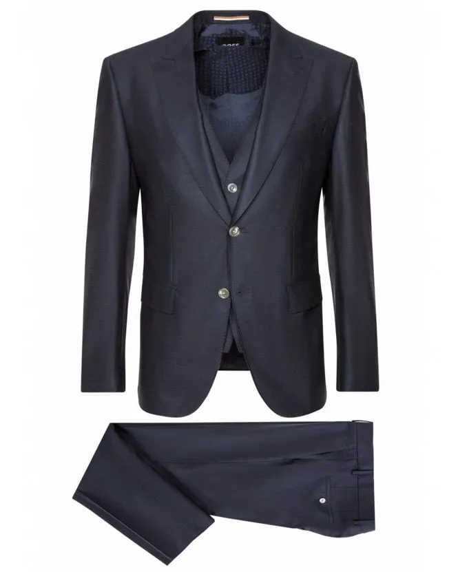 Mens H-Huge Dark Blue Three-Piece Peak Lapel Suit