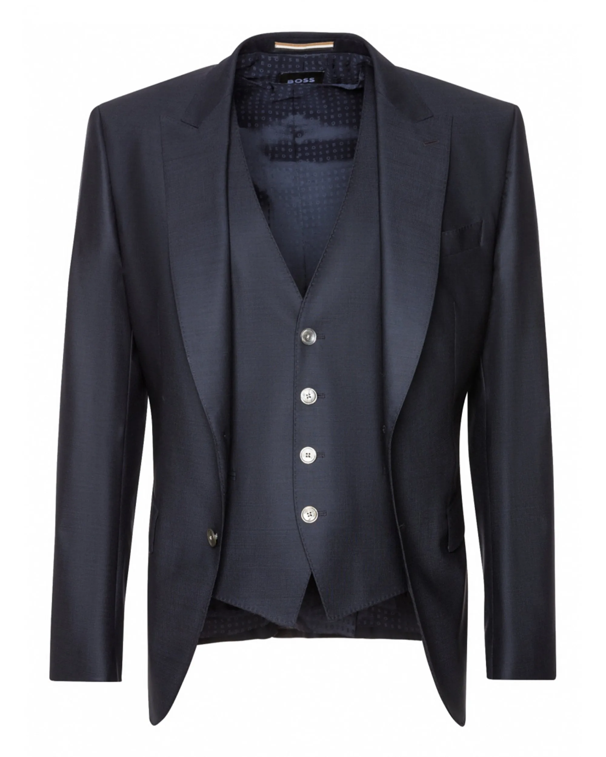 Mens H-Huge Dark Blue Three-Piece Peak Lapel Suit