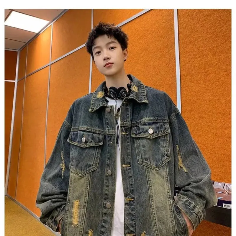 New Vintage Wash Bomber Denim Jacket Mens Double Pockets Street Hip-hop Cowboy Coat Trend Streetwear Loose Lapel Jean Outwear