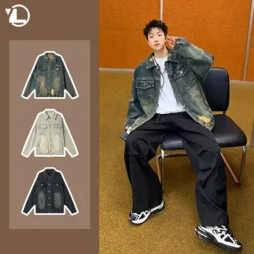 New Vintage Wash Bomber Denim Jacket Mens Double Pockets Street Hip-hop Cowboy Coat Trend Streetwear Loose Lapel Jean Outwear