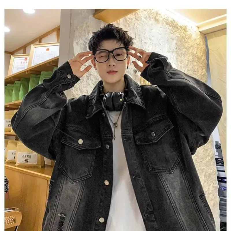 New Vintage Wash Bomber Denim Jacket Mens Double Pockets Street Hip-hop Cowboy Coat Trend Streetwear Loose Lapel Jean Outwear