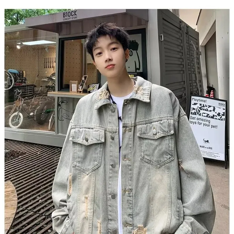 New Vintage Wash Bomber Denim Jacket Mens Double Pockets Street Hip-hop Cowboy Coat Trend Streetwear Loose Lapel Jean Outwear