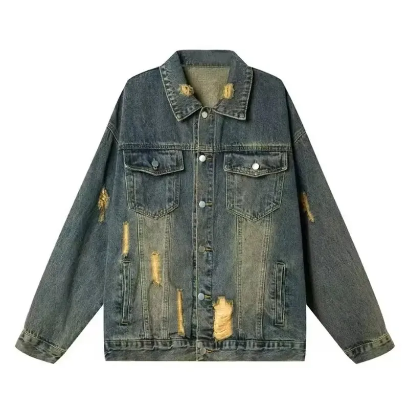 New Vintage Wash Bomber Denim Jacket Mens Double Pockets Street Hip-hop Cowboy Coat Trend Streetwear Loose Lapel Jean Outwear