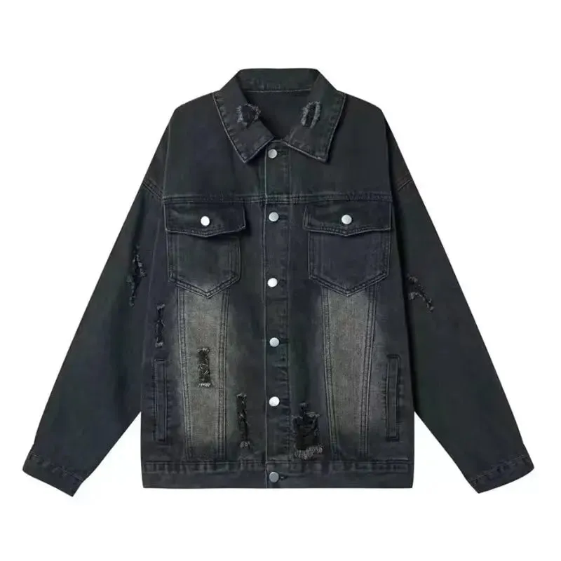 New Vintage Wash Bomber Denim Jacket Mens Double Pockets Street Hip-hop Cowboy Coat Trend Streetwear Loose Lapel Jean Outwear