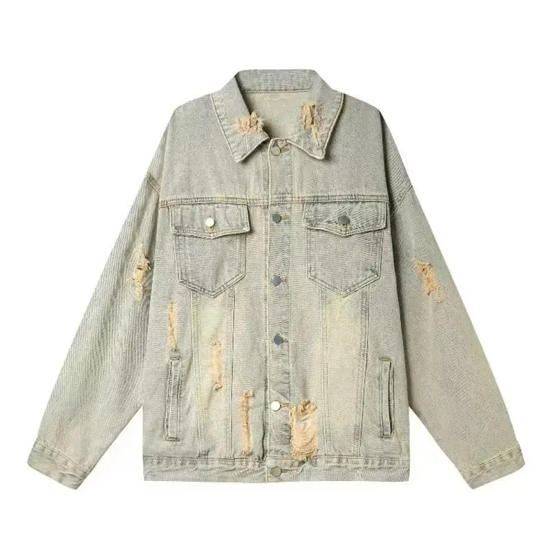 New Vintage Wash Bomber Denim Jacket Mens Double Pockets Street Hip-hop Cowboy Coat Trend Streetwear Loose Lapel Jean Outwear