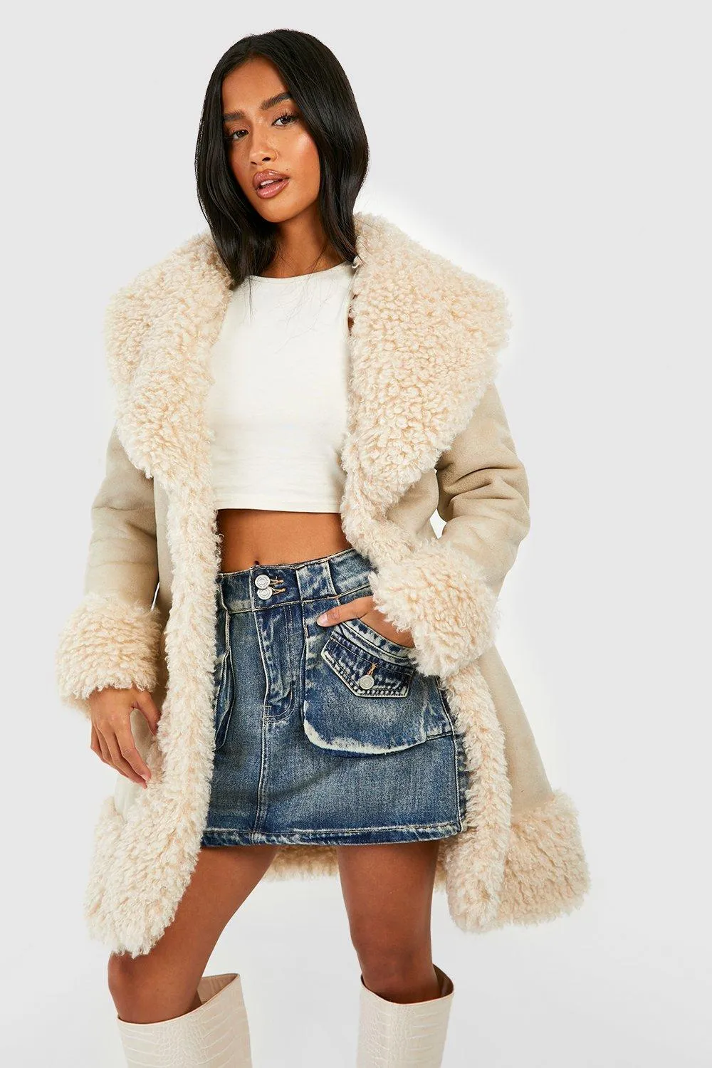 Petite Faux Fur Trim Coat