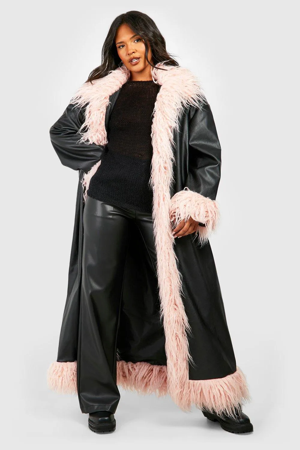 Plus Faux Fur Trim Pu Coat