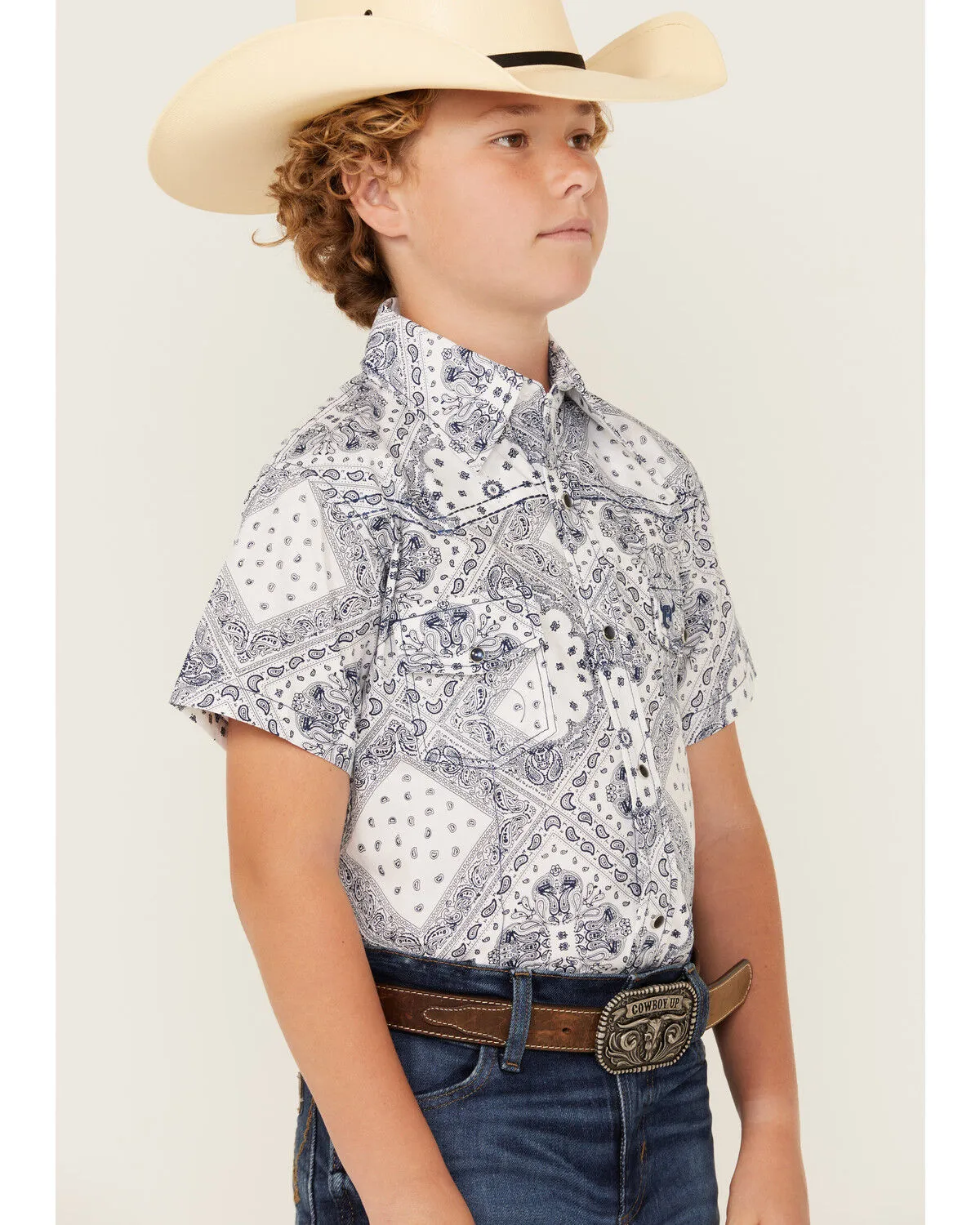 Product Name:  Cowboy Hardware Boys' Bandana Print Short Sleeve Snap Western Shirt