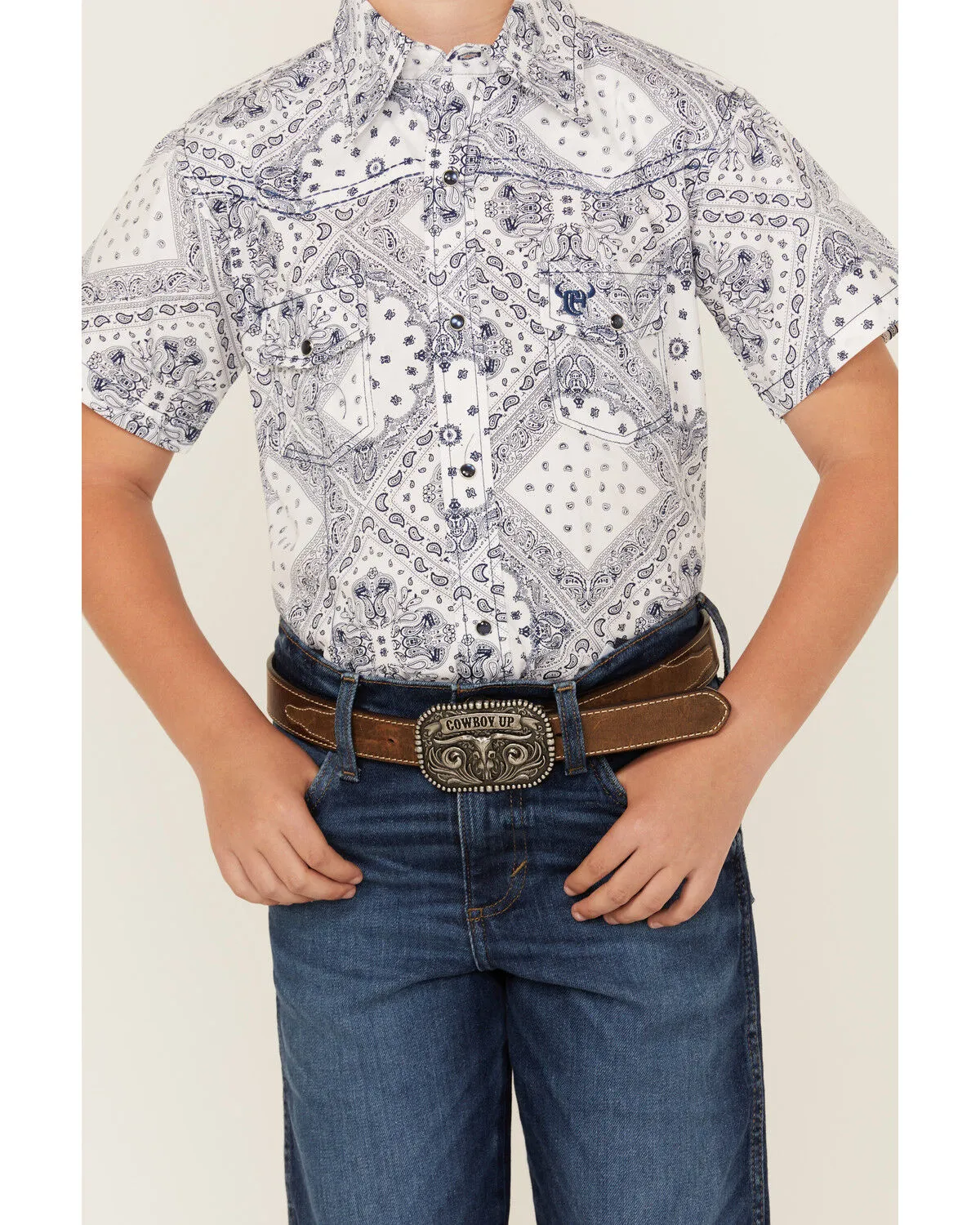 Product Name:  Cowboy Hardware Boys' Bandana Print Short Sleeve Snap Western Shirt