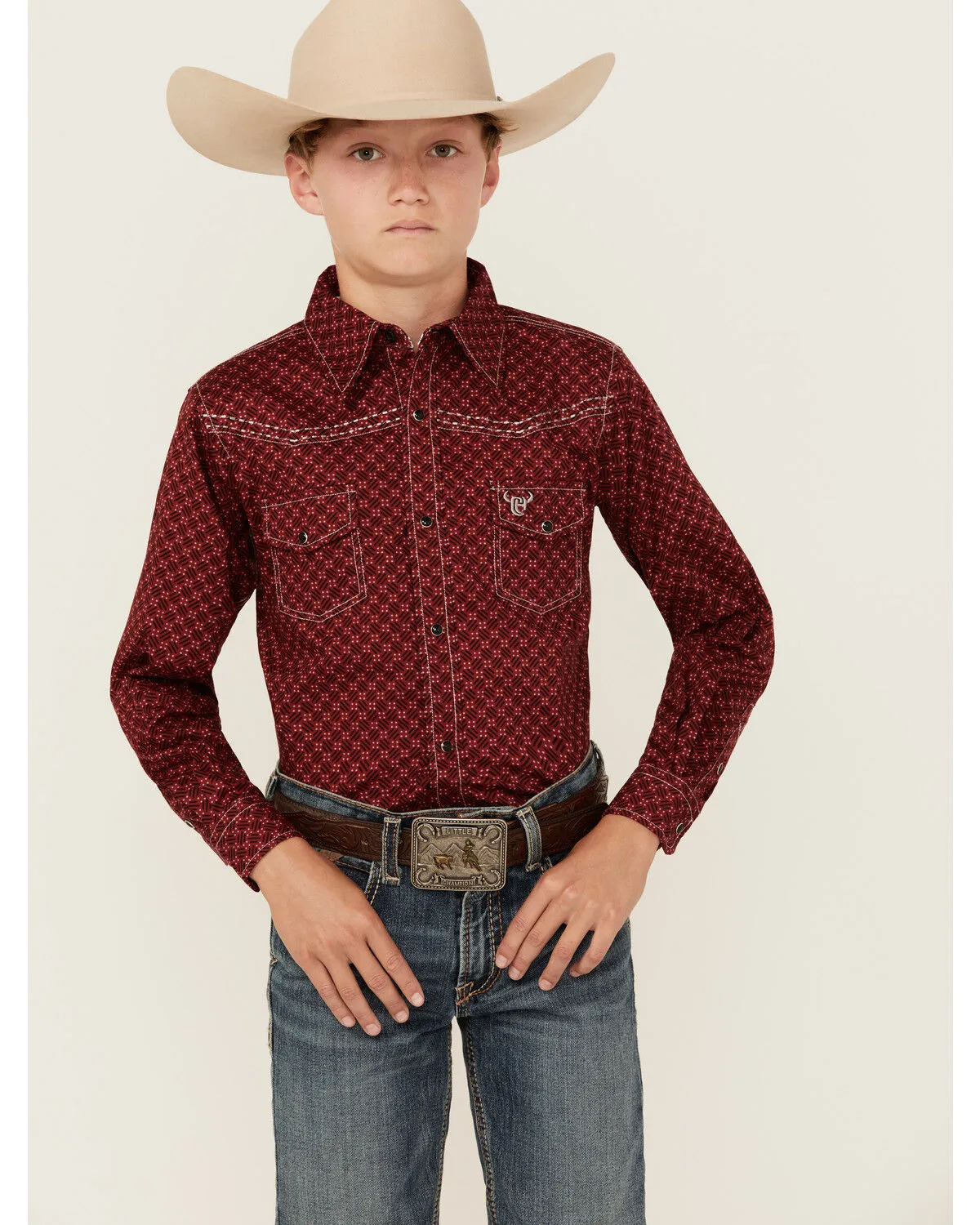 Product Name:  Cowboy Hardware Boys' Geo Print Long Sleeve Snap Stretch Western Shirt