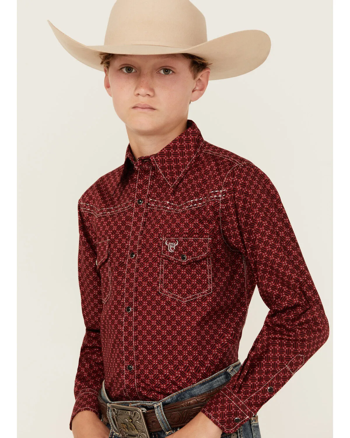 Product Name:  Cowboy Hardware Boys' Geo Print Long Sleeve Snap Stretch Western Shirt