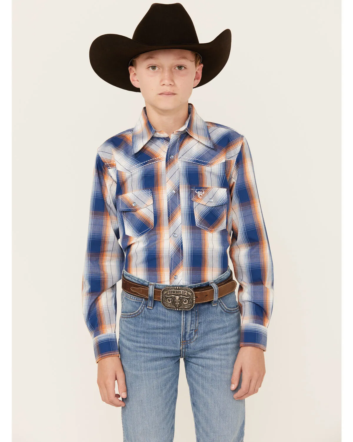 Product Name:  Cowboy Hardware Boys' Plaid Print Long Sleeve Pearl Snap Western Shirt