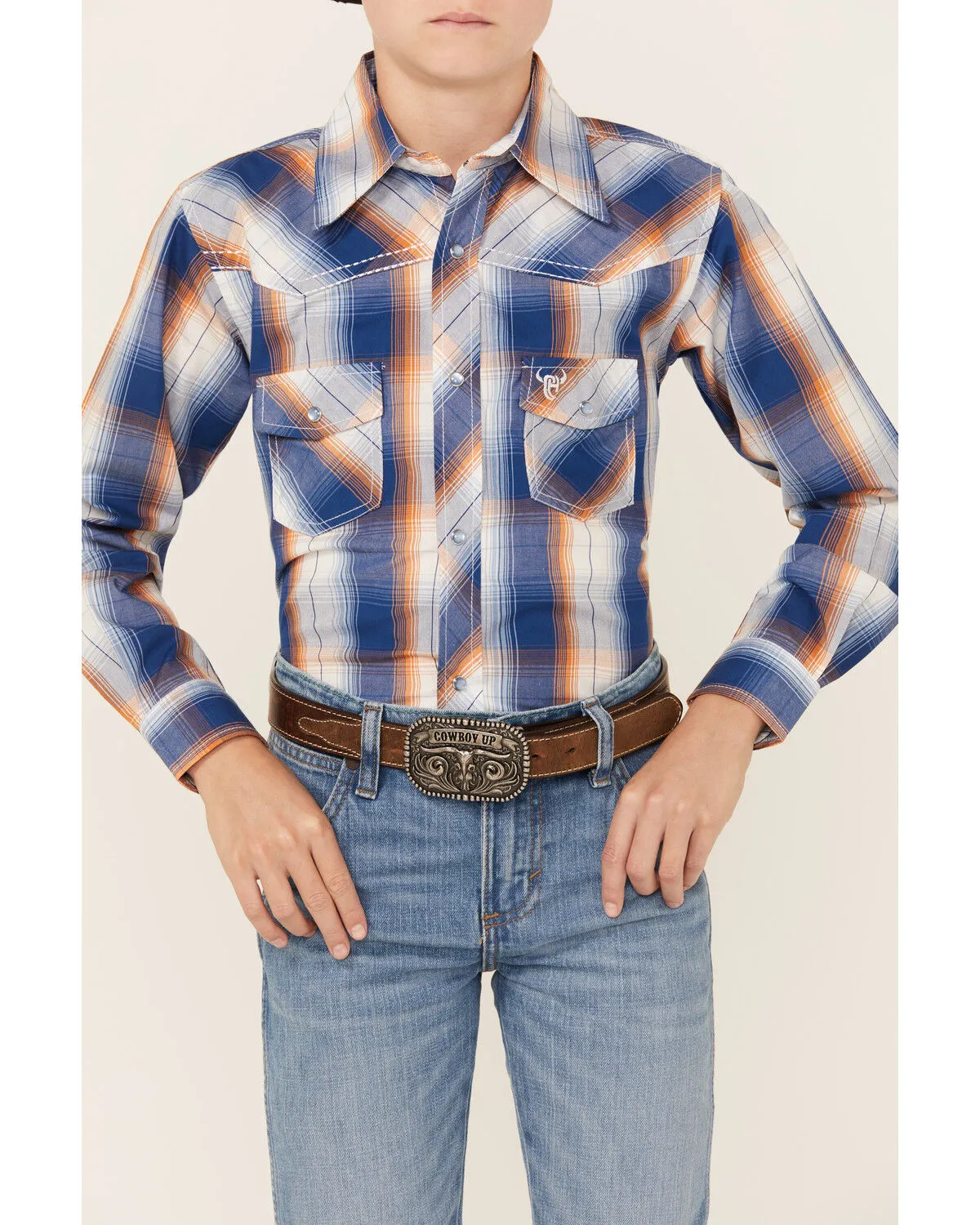 Product Name:  Cowboy Hardware Boys' Plaid Print Long Sleeve Pearl Snap Western Shirt